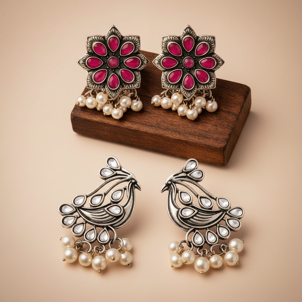 StylishKudi Oxidised Silver Earrings&Chandbali Earrings ComboSet for Women&girl