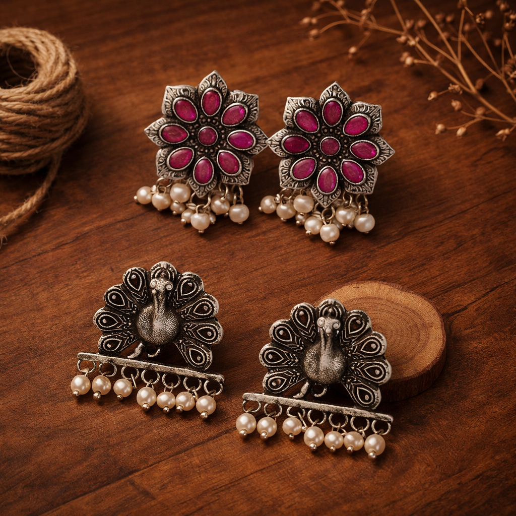 StylishKudi Oxidised Silver Earrings&Chandbali Earrings ComboSet for Women&girl