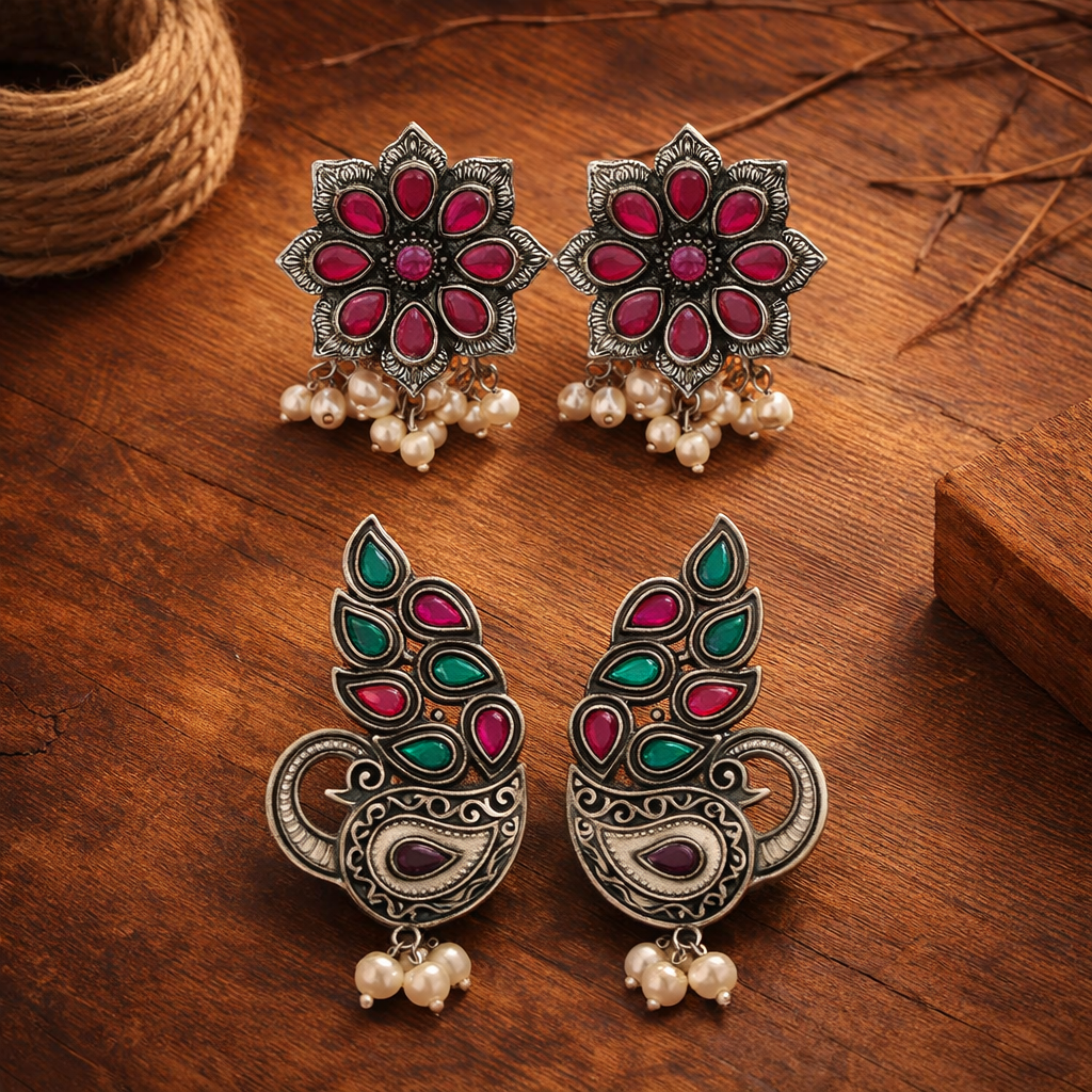 StylishKudi Oxidised Silver Earrings&Chandbali Earrings ComboSet for Women&girl