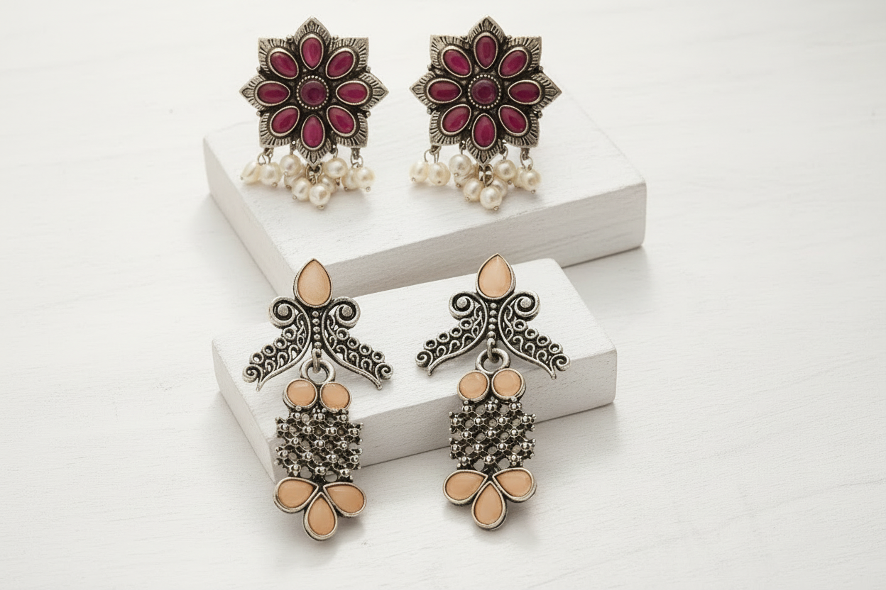 StylishKudi Oxidised Silver Earrings&Chandbali Earrings ComboSet for Women&girl