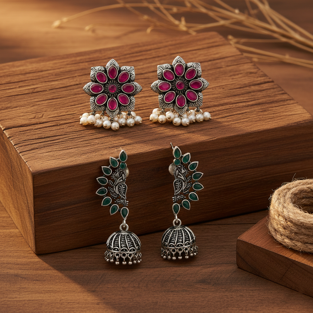 StylishKudi Oxidised Silver Earrings&Chandbali Earrings ComboSet for Women&girl