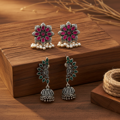 StylishKudi Oxidised Silver Earrings&Chandbali Earrings ComboSet for Women&girl