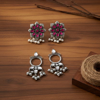 StylishKudi Oxidised Silver Earrings&Chandbali Earrings ComboSet for Women&girl