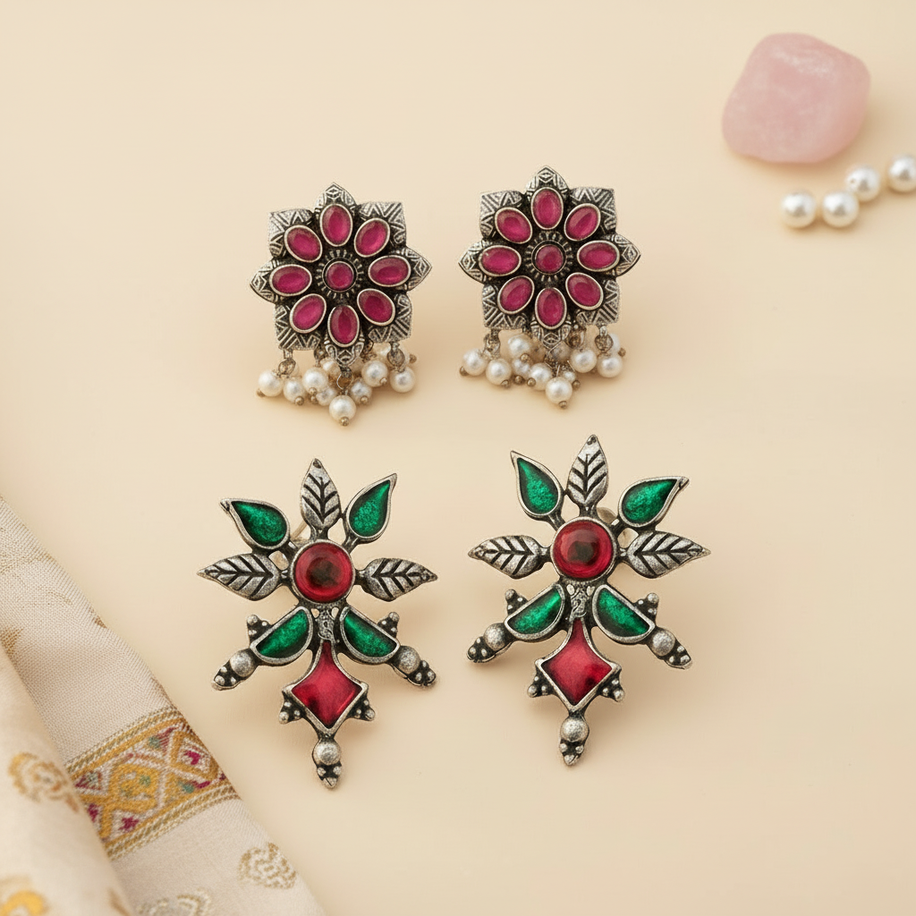 StylishKudi Oxidised Silver Earrings&Chandbali Earrings ComboSet for Women&girl