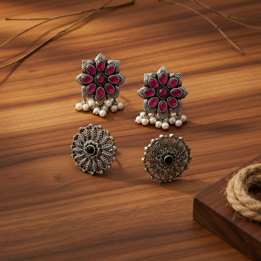 StylishKudi Oxidised Silver Earrings&Chandbali Earrings ComboSet for Women&girl