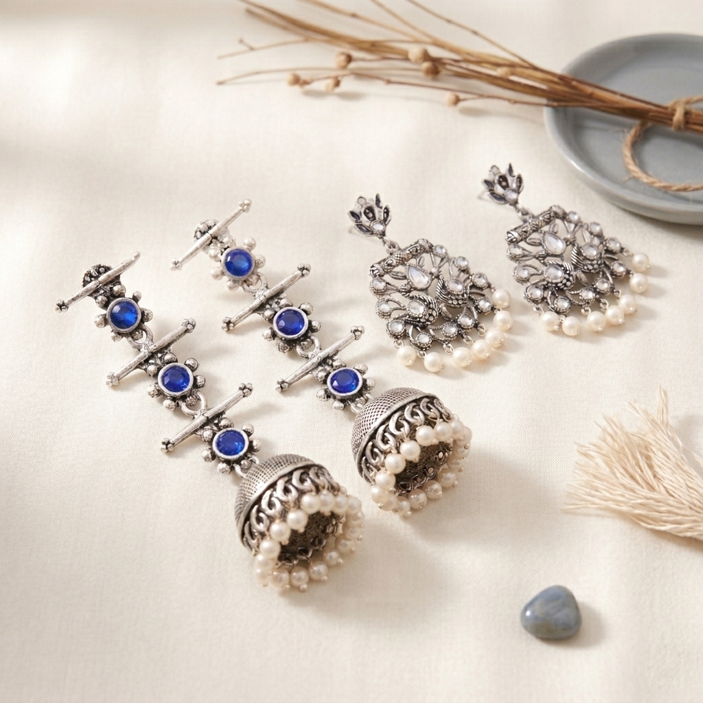 StylishKudi Oxidised Silver Jhumki&Danglers ComboSet for Women&girl