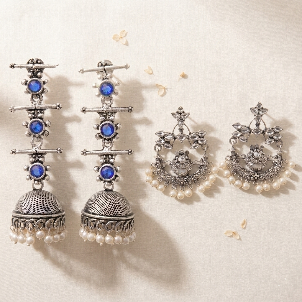StylishKudi Oxidised Silver Jhumki&Danglers ComboSet for Women&girl