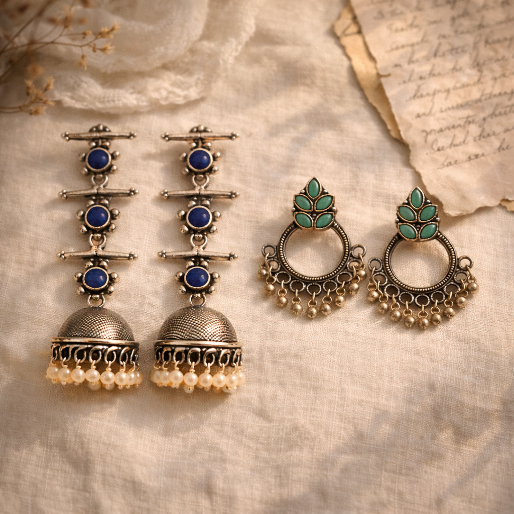 StylishKudi Oxidised Silver Jhumki&Stud Earring ComboSet for Women&girl