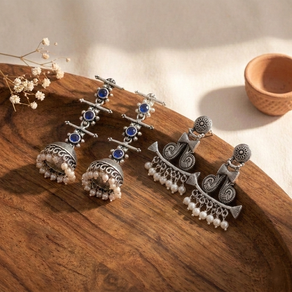 StylishKudi Oxidised Silver Jhumki&Stud Earring ComboSet for Women&girl