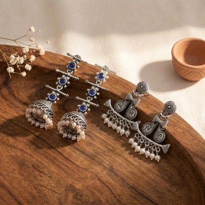 StylishKudi Oxidised Silver Jhumki&Stud Earring ComboSet for Women&girl