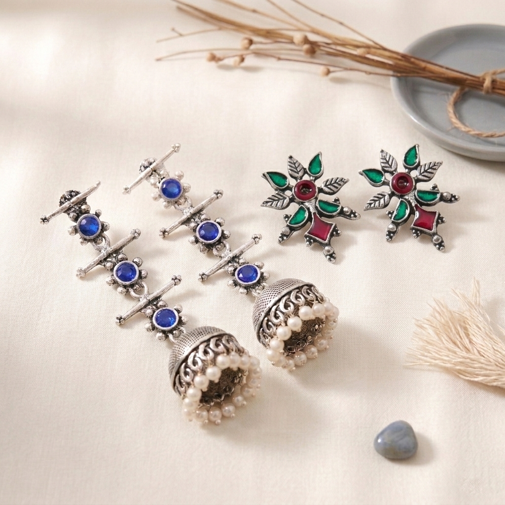 StylishKudi Oxidised Silver Jhumki&Stud Earring ComboSet for Women&girl