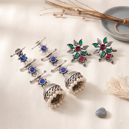 StylishKudi Oxidised Silver Jhumki&Stud Earring ComboSet for Women&girl