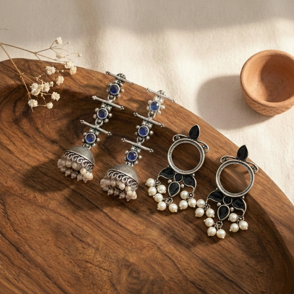 StylishKudi Oxidised Silver Jhumki&Stud Earring ComboSet for Women&girl