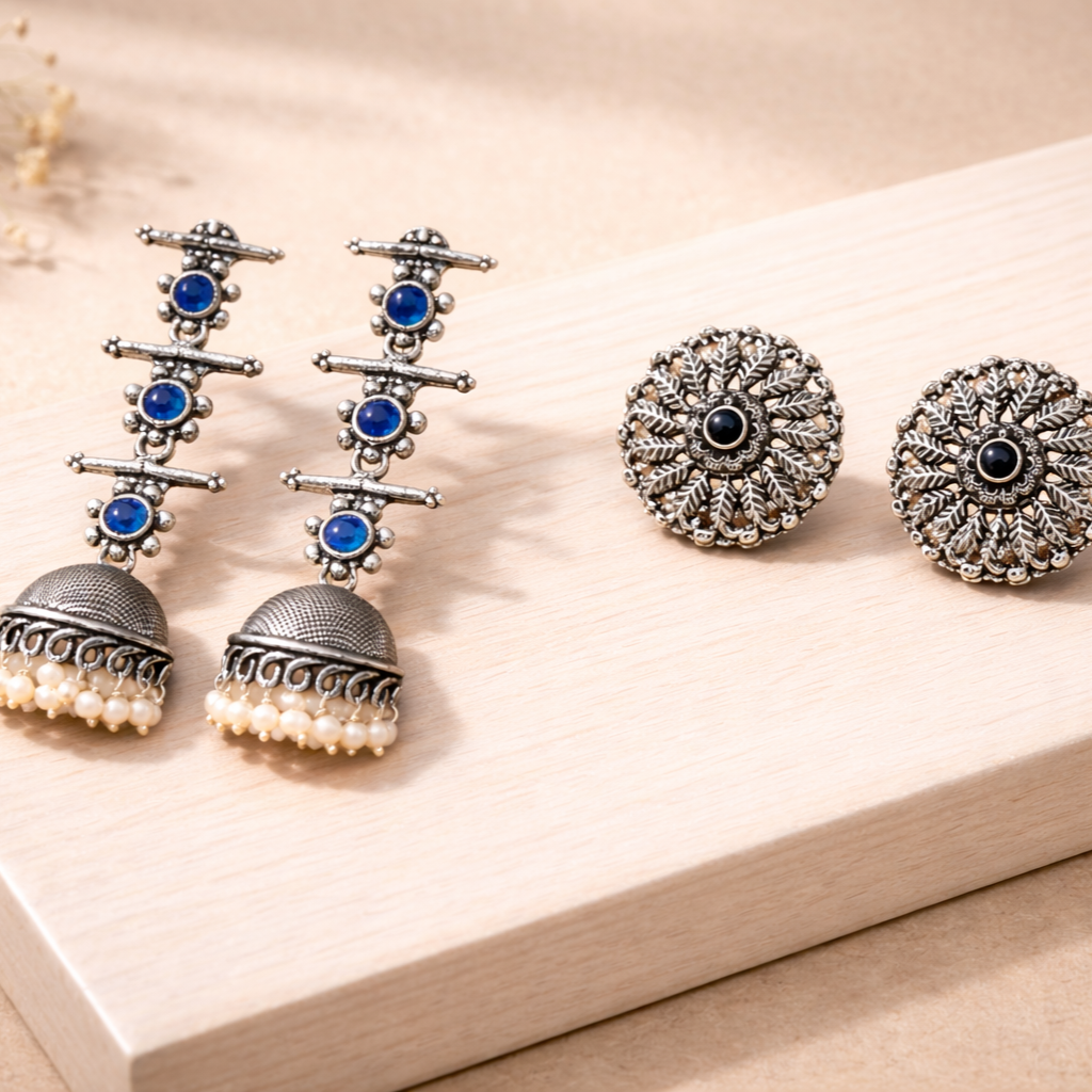 StylishKudi Oxidised Silver Jhumki&Stud Earring ComboSet for Women&girl