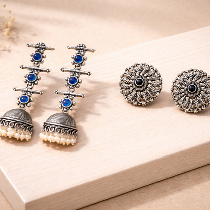 StylishKudi Oxidised Silver Jhumki&Stud Earring ComboSet for Women&girl