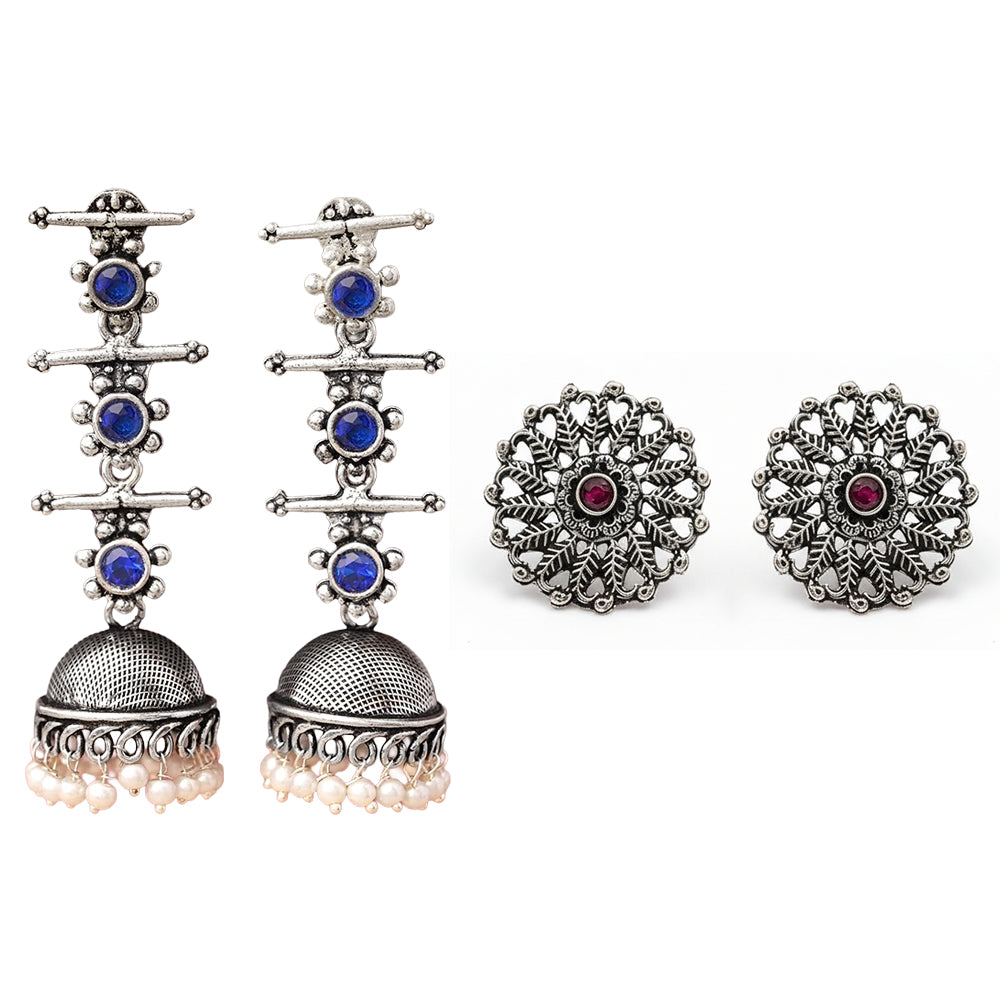 StylishKudi Oxidised Silver Jhumki&Stud Earring ComboSet for Women&girl