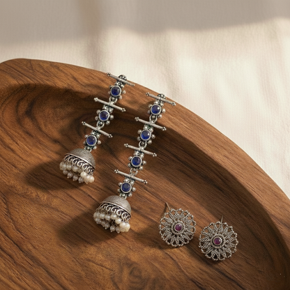 StylishKudi Oxidised Silver Jhumki&Stud Earring ComboSet for Women&girl