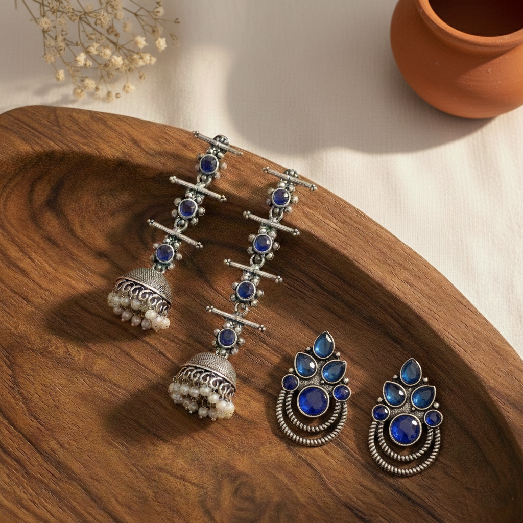 StylishKudi Oxidised Silver Jhumki&Stud Earring ComboSet for Women&girl