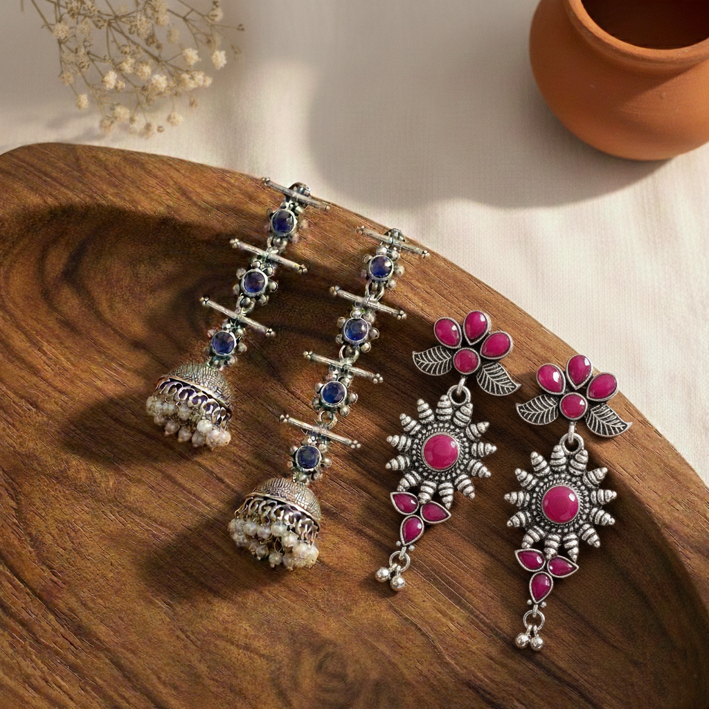 StylishKudi Oxidised Silver Jhumki&Danglers ComboSet for Women&girl