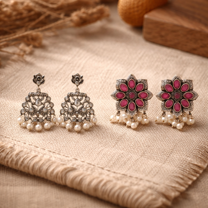 Peacock glow stone studded dangler earrings & Jugni vibrant stud earrings Combo set for Women and Girl