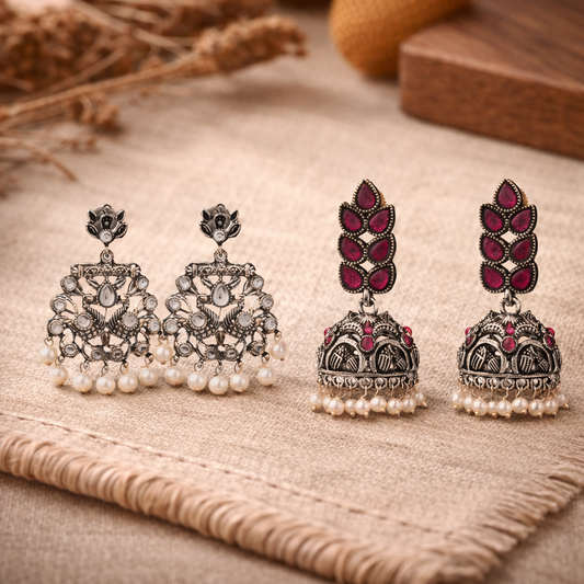 Peacock glow stone studded dangler earrings & Leaf Cascade jhumki earrings Combo set for Women and Girl