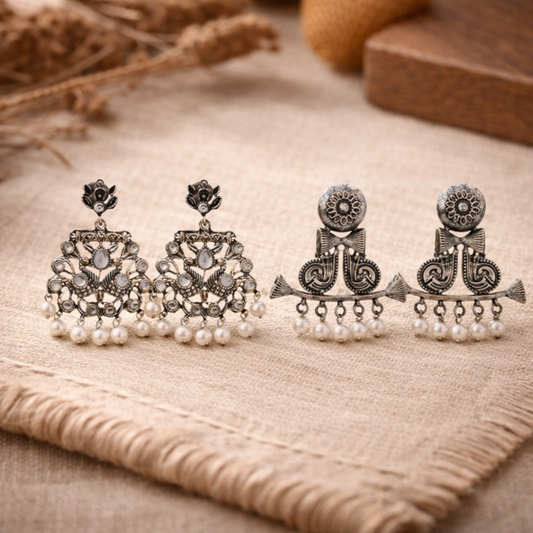 Peacock glow stone studded dangler earrings &Heritage Bloom pearl stud earrings Combo set for Women and Girl