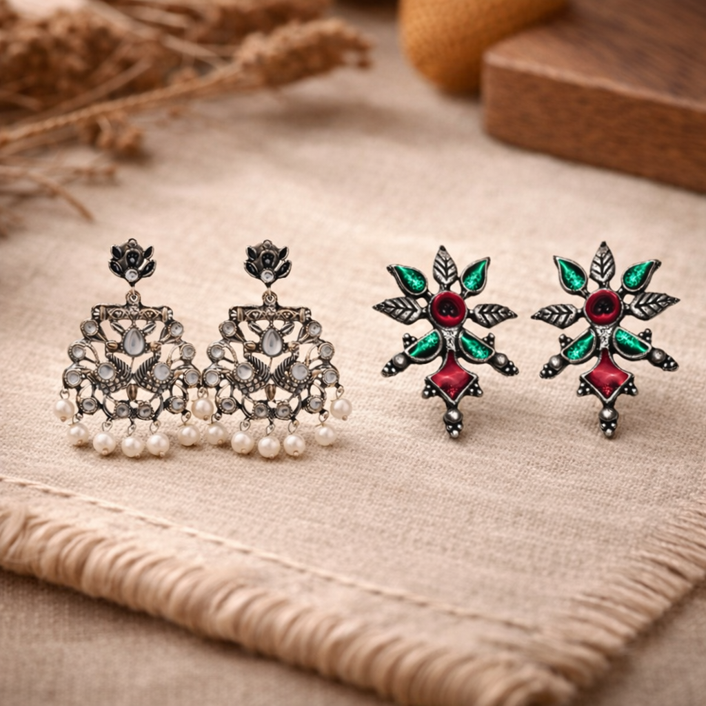 Peacock glow stone studded dangler earrings &Royal Meenakari oxidized stud esrrings Combo set for Women and Girl