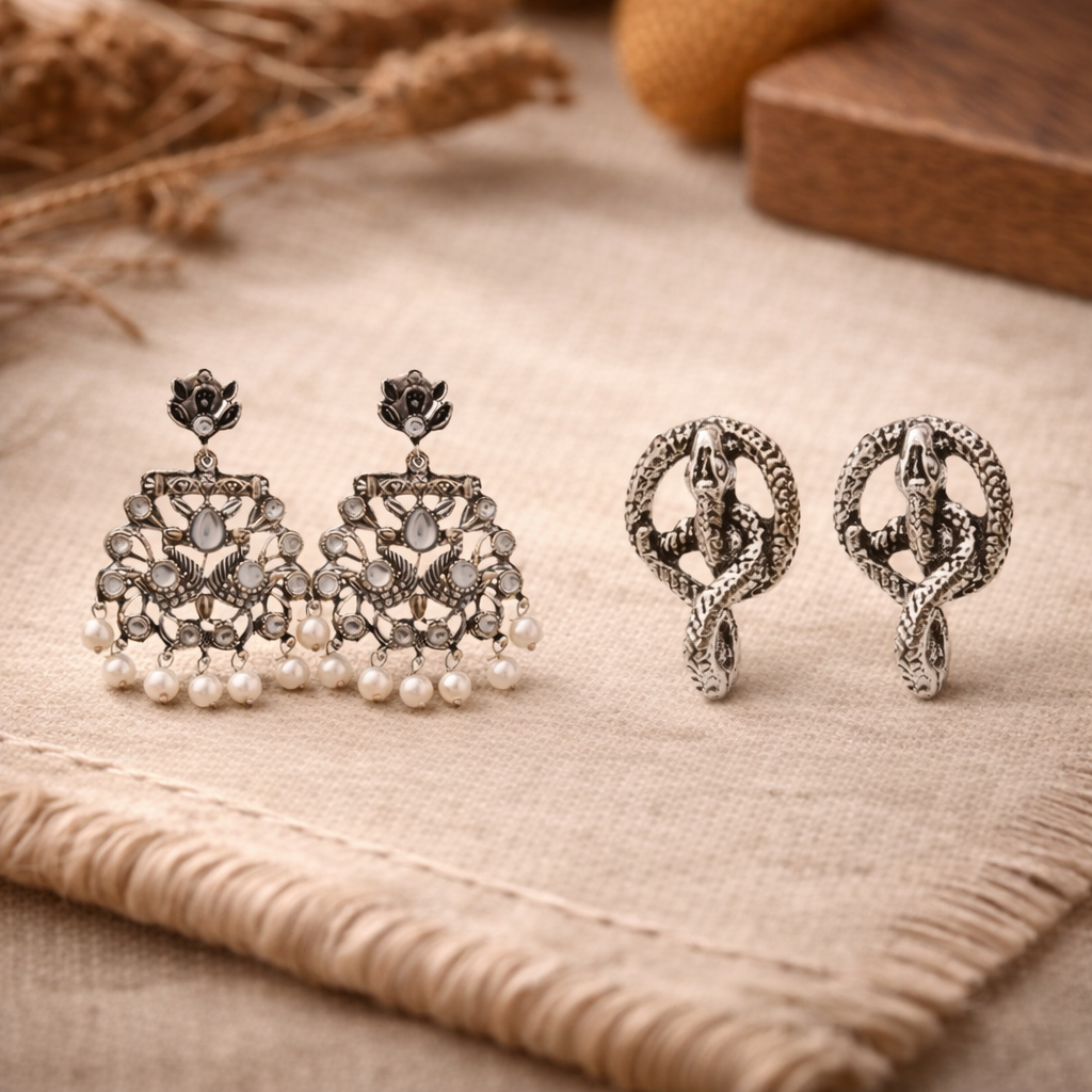Peacock glow stone studded dangler earrings &Swirly snake oxidised stud earrings Combo set for Women and Girl