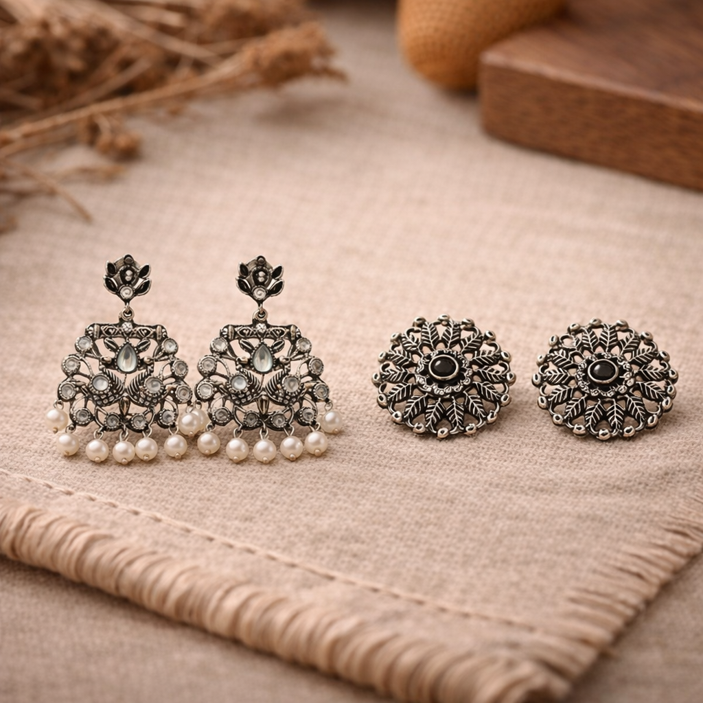 Peacock glow stone studded dangler earrings &Wildflower oxidised stud earrings Combo set for Women and Girl