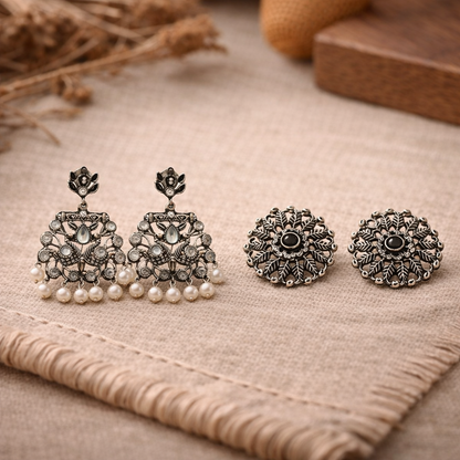 Peacock glow stone studded dangler earrings &Wildflower oxidised stud earrings Combo set for Women and Girl