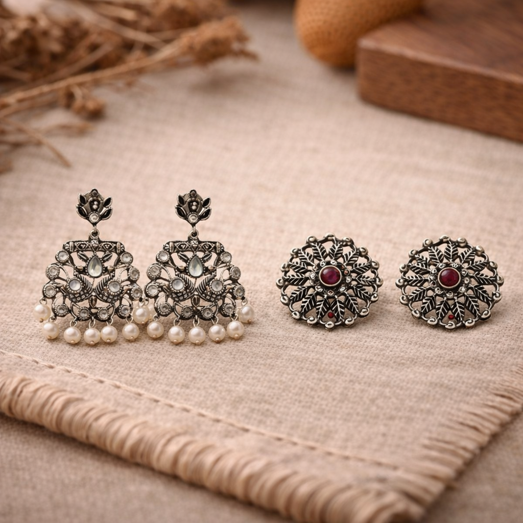Peacock glow stone studded dangler earrings &Wildflower oxidised stud earrings Combo set for Women and Girl