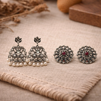 Peacock glow stone studded dangler earrings &Wildflower oxidised stud earrings Combo set for Women and Girl