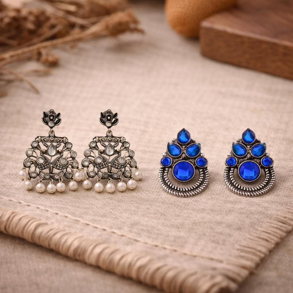 Peacock glow stone studded dangler earrings &Aqua crown stone stud earrings Combo set for Women and Girl