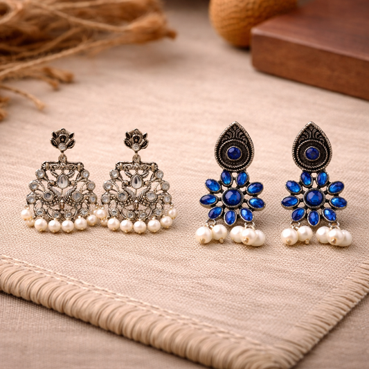 Peacock glow stone studded dangler earrings &Drew flower pearl stud earrings Combo set for Women and Girl