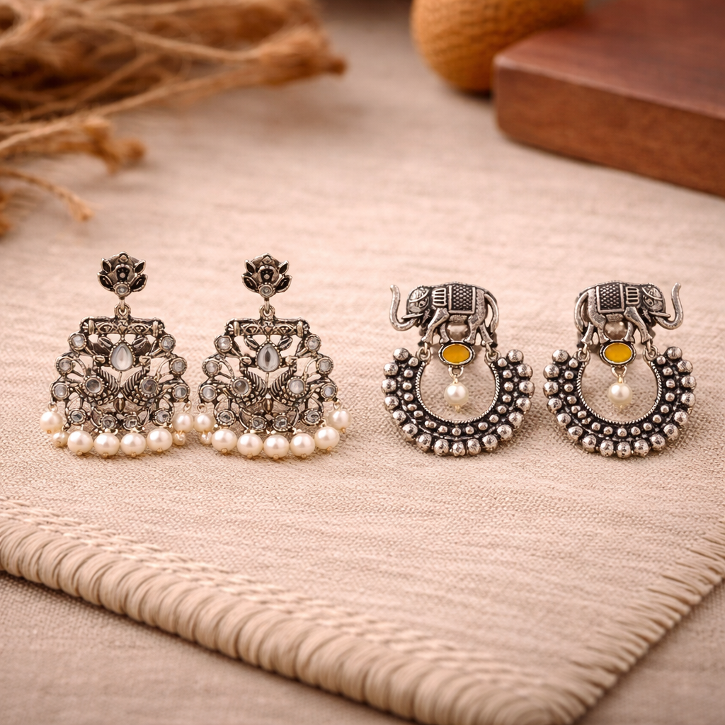 Peacock glow stone studded dangler earrings &Elephant Arc dangler earrings Combo set for Women and Girl