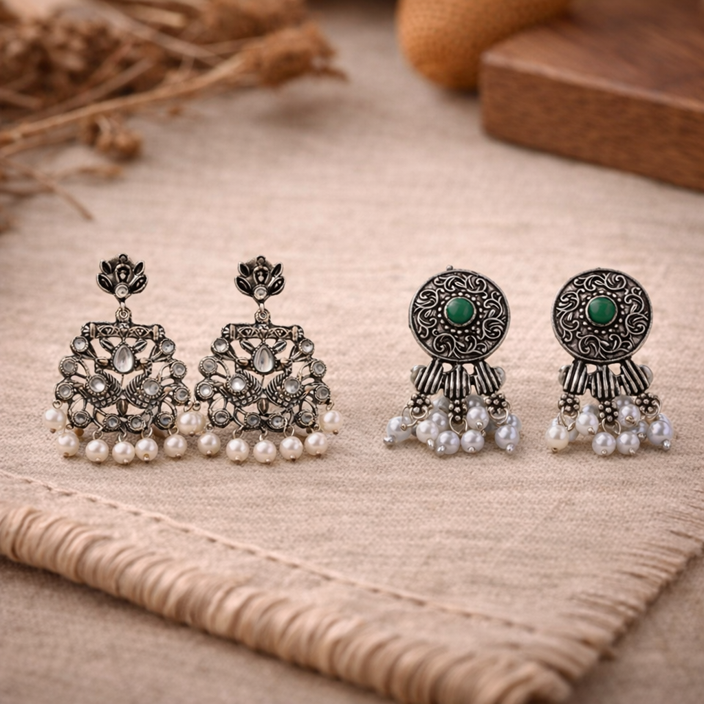 Peacock glow stone studded dangler earrings &Button rays stud earring Combo set for Women and Girl