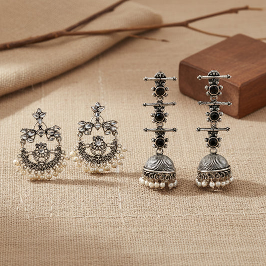 Carved Charm Dangler earrings & Royal Triple Bell Layered Jhumka Earring Combo set