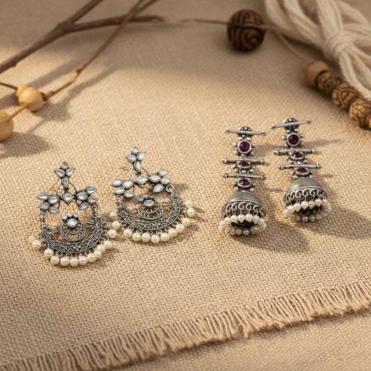Carved Charm Dangler earrings & Royal Triple Bell Layered Jhumka Earring Combo set