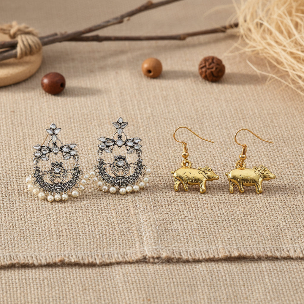 Carved Charm Dangler earrings & piggy dangler earrings Combo set