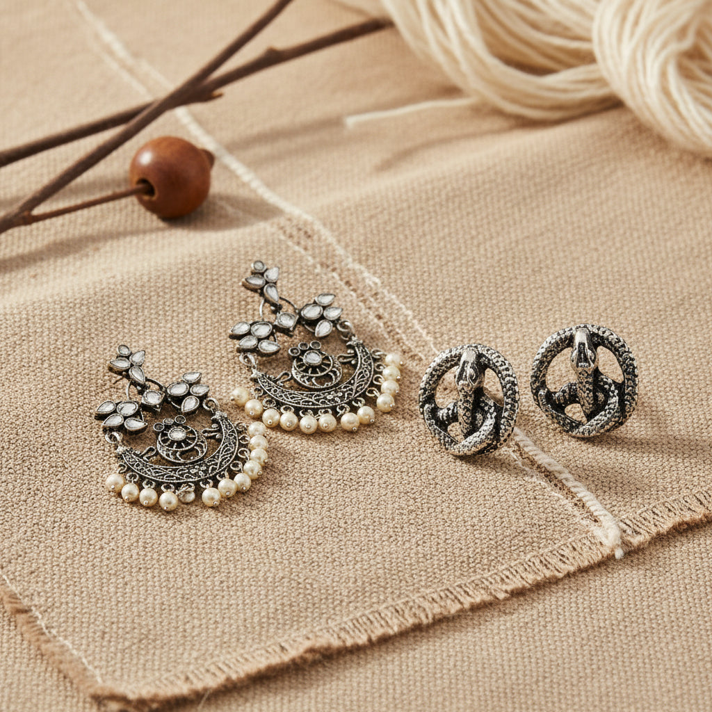 Carved Charm Dangler earrings &  Swirly snake oxidised stud earrings Combo set