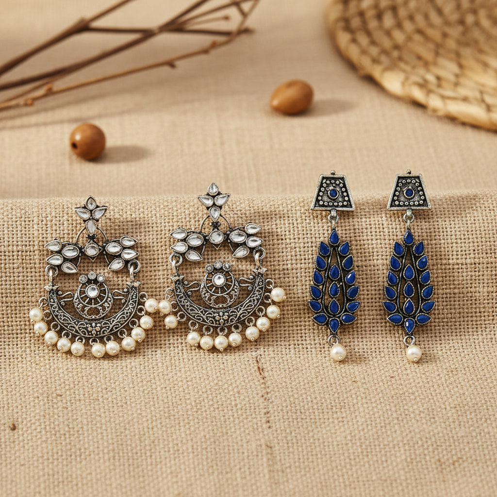 Carved Charm Dangler earrings &  Precious Petal stone studded dangler earring Combo set