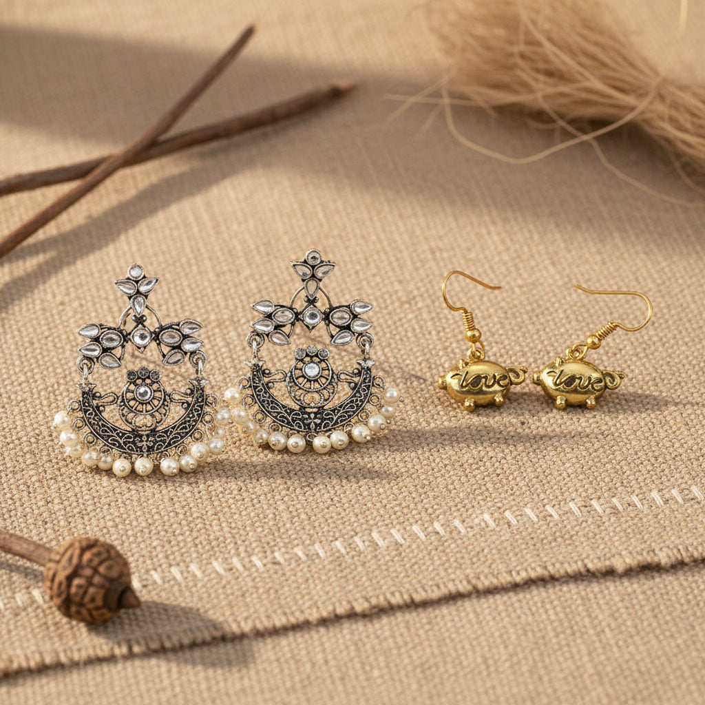Carved Charm Dangler earrings &  Treasure oink dangler earrings Combo set