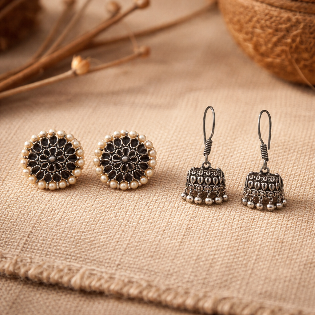 Carved Charm Dangler earrings &  Tiny Twinkle jhumki earring (Silver) Combo set