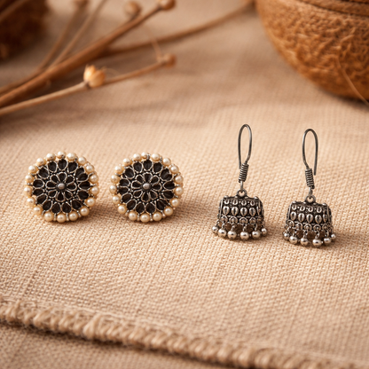 Carved Charm Dangler earrings &  Tiny Twinkle jhumki earring (Silver) Combo set