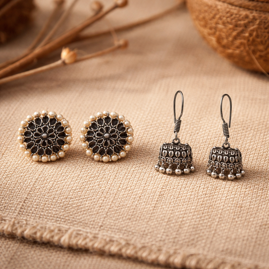 Carved Charm Dangler earrings &  Tiny Twinkle jhumki earring (Silver) Combo set