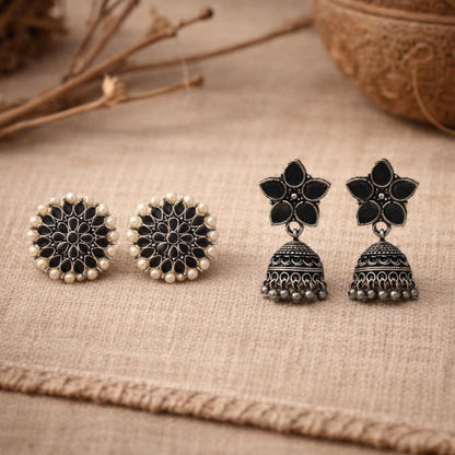 Carved Charm Dangler earrings &  Beauty Bloom ghunghroo jhumki earring (Black) Combo set