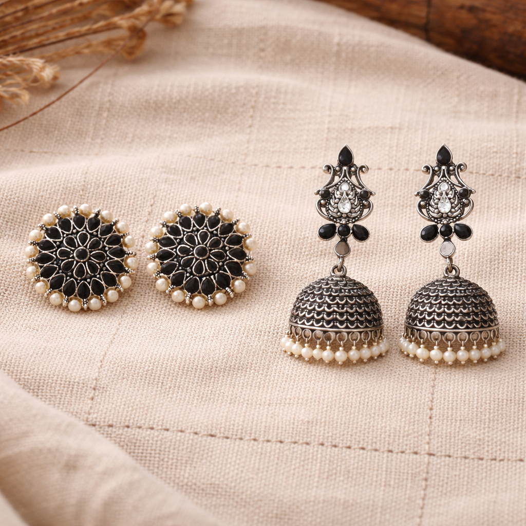 Carved Charm Dangler earrings &  Kalash Kamal Jhumka earring (Black) Combo set