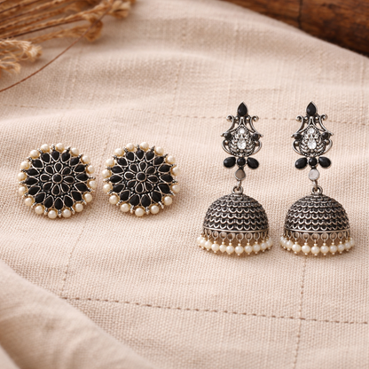 Carved Charm Dangler earrings &  Kalash Kamal Jhumka earring (Black) Combo set