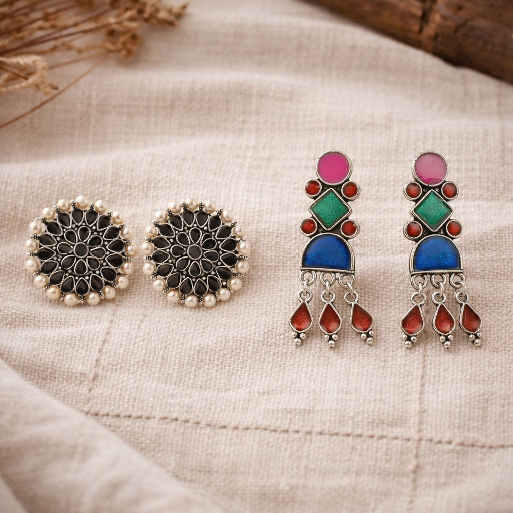Carved Charm Dangler earrings &  Rainbow rhine dangler earrings (Multicolored) Combo set