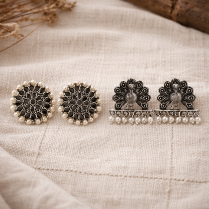 Carved Charm Dangler earrings &  Meena Manjari stone stud earrings (Silver) Combo set